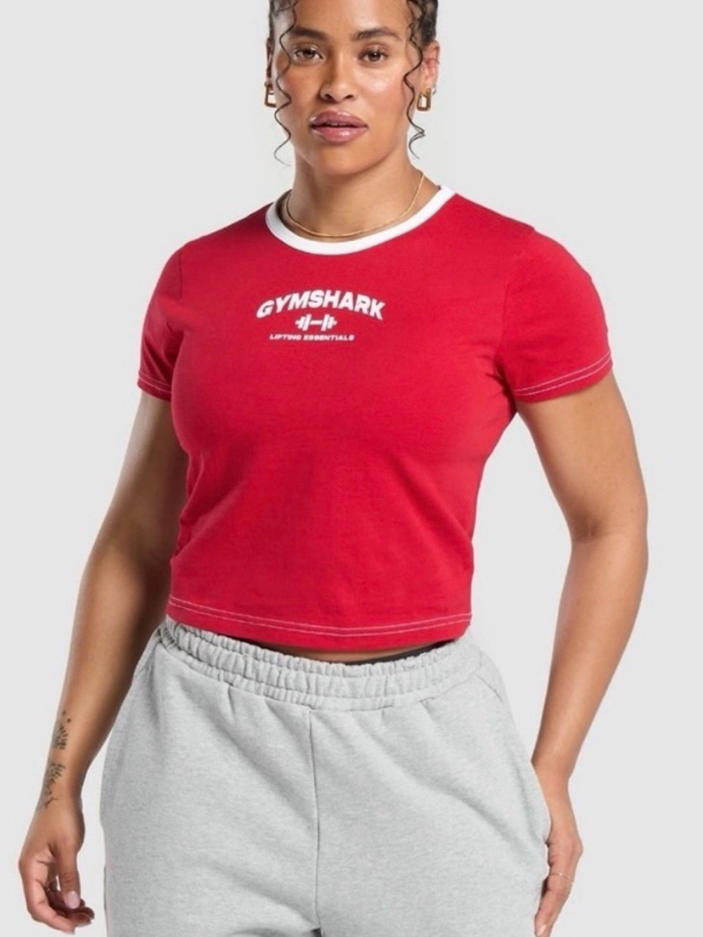Gymshark Red Cropped Ringer Tee with White Trim